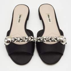 Miu Miu Black Satin Crystal Embellished Flat Slides Size 37
