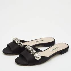 Miu Miu Black Satin Crystal Embellished Flat Slides Size 37
