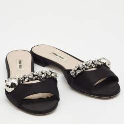Miu Miu Black Satin Crystal Embellished Flat Slides Size 37