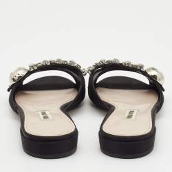 Miu Miu Black Satin Crystal Embellished Flat Slides Size 37