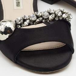 Miu Miu Black Satin Crystal Embellished Flat Slides Size 37