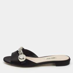 Miu Miu Black Satin Crystal Embellished Flat Slides Size 37