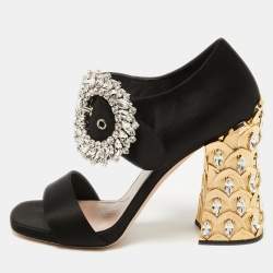 Miu Miu Black Satin Crystal Embellished Heel Sandals Size 38