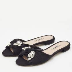 Miu Miu Black Satin Crystal Embellished Knotted Flat Slides Size 38 
