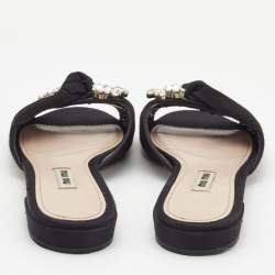 Miu Miu Black Satin Crystal Embellished Knotted Flat Slides Size 38 