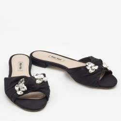 Miu Miu Black Satin Crystal Embellished Knotted Flat Slides Size 38 