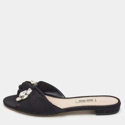 Miu Miu Black Satin Crystal Embellished Knotted Flat Slides Size 38 