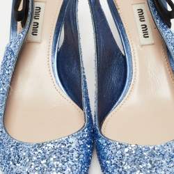 Pre Owned Miu Miu Blue Coarse Glitter Bow Slingback Pumps Size 38