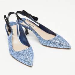 Pre Owned Miu Miu Blue Coarse Glitter Bow Slingback Pumps Size 38