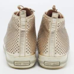 Pre Owned Miu Miu Gold Foil Leather Studded High Top Sneakers Size 40