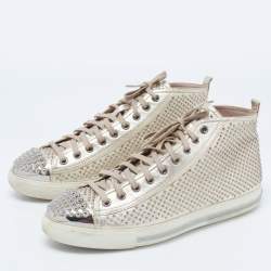 Pre Owned Miu Miu Gold Foil Leather Studded High Top Sneakers Size 40
