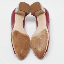 Miu Miu Burgundy Patent Leather Peep Toe Embellished Block Heel Pumps Size 37