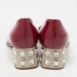 Miu Miu Burgundy Patent Leather Peep Toe Embellished Block Heel Pumps Size 37