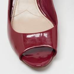 Miu Miu Burgundy Patent Leather Peep Toe Embellished Block Heel Pumps Size 37