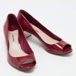 Miu Miu Burgundy Patent Leather Peep Toe Embellished Block Heel Pumps Size 37
