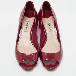 Miu Miu Burgundy Patent Leather Peep Toe Embellished Block Heel Pumps Size 37