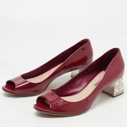 Miu Miu Burgundy Patent Leather Peep Toe Embellished Block Heel Pumps Size 37