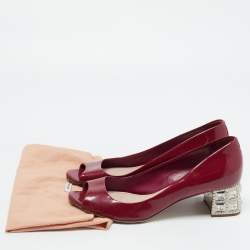Miu Miu Burgundy Patent Leather Peep Toe Embellished Block Heel Pumps Size 37