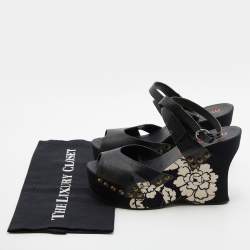 Miu Miu Black Leather Wedge Platform Ankle Strap Sandals Size 39