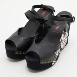 Miu Miu Black Leather Wedge Platform Ankle Strap Sandals Size 39