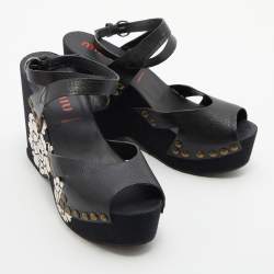 Miu Miu Black Leather Wedge Platform Ankle Strap Sandals Size 39