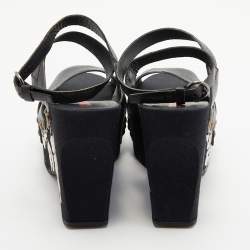 Miu Miu Black Leather Wedge Platform Ankle Strap Sandals Size 39