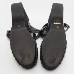 Miu Miu Black Leather Wedge Platform Ankle Strap Sandals Size 39