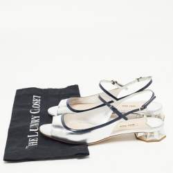 مملوكة مسبقًا Miu Miu Silver/Navy Blue Leather Slingback Sandals Size 38.5