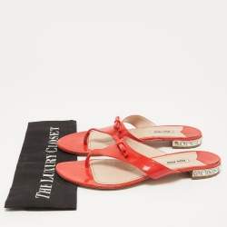 Miu Miu Red Patent Leather Bow Crystal Embellished Thong Flats Size 40