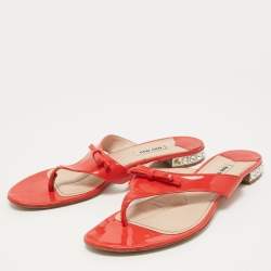 Miu Miu Red Patent Leather Bow Crystal Embellished Thong Flats Size 40
