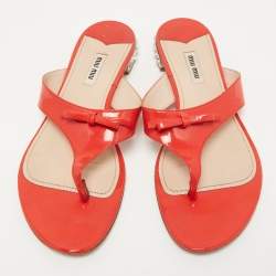 Miu Miu Red Patent Leather Bow Crystal Embellished Thong Flats Size 40