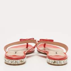 Miu Miu Red Patent Leather Bow Crystal Embellished Thong Flats Size 40