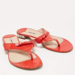 Miu Miu Red Patent Leather Bow Crystal Embellished Thong Flats Size 40