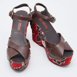 Miu Miu Brown Leather Wedge Platform Ankle Strap Sandals Size 38