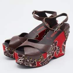 Miu Miu Brown Leather Wedge Platform Ankle Strap Sandals Size 38