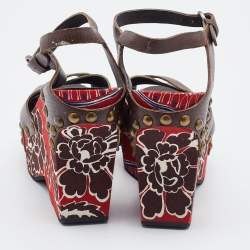Miu Miu Brown Leather Wedge Platform Ankle Strap Sandals Size 38