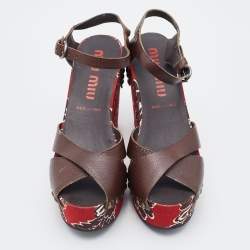 Miu Miu Brown Leather Wedge Platform Ankle Strap Sandals Size 38