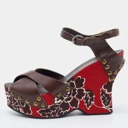 Miu Miu Brown Leather Wedge Platform Ankle Strap Sandals Size 38