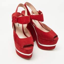 Miu Miu Red Suede Platform Ankle Strap Sandals Size 36