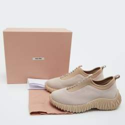Miu Miu Pink Fabric and Neoprene Crystal Embellished Slip-On Sneakers Size 38