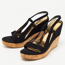 Pre Owned Miu Miu Black Suede Cork Wedge  Sandals Size 37