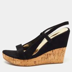 Pre Owned Miu Miu Black Suede Cork Wedge  Sandals Size 37