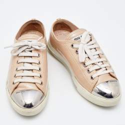 Miu Miu Beige Patent Leather Metal Cap Toe Low Top Sneakers Size 35