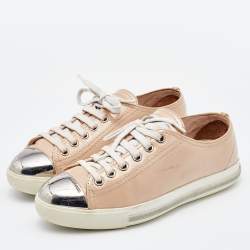 Miu Miu Beige Patent Leather Metal Cap Toe Low Top Sneakers Size 35