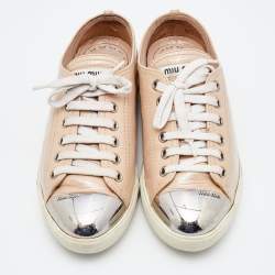 Miu Miu Beige Patent Leather Metal Cap Toe Low Top Sneakers Size 35