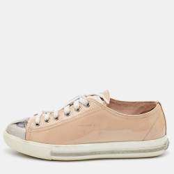 Miu Miu Beige Patent Leather Metal Cap Toe Low Top Sneakers Size 35