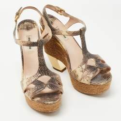 Miu Miu Brown/Beige Python Embossed Leather Ankle Strap Sandals Size 39