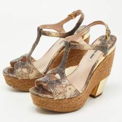 Miu Miu Brown/Beige Python Embossed Leather Ankle Strap Sandals Size 39