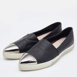 Pre Owned Miu Miu Black Leather Metal Cap-Toe Slip-On Sneakers Size 40.5