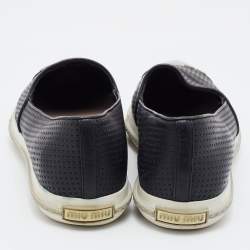 Pre Owned Miu Miu Black Leather Metal Cap-Toe Slip-On Sneakers Size 40.5